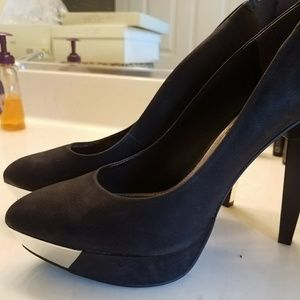 Rachel Roy suede heels with chrome accents